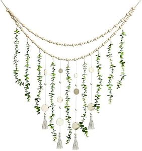 Jetec Hanging Eucalyptus Boho Wall Decor Large Boho Bedroom Wall Hanging Wooden Bead Garland Artificial Eucalyptus Natural Greenery Decoration, 36 x 36 Inch (Simple Color, Wood Chip Style)