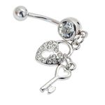 Silver Coloured 316L Surgical Steel 14 Gauge Belly/Navel/Bellybutton Piercing/Bananabell/Barbell With Clear Crystal Heart Shaped Lock And Key Pendants/Dangles/Charms Decorations By VAGA