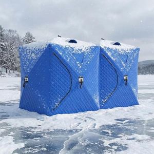 GarveeTech Pop Up Ice Fishing Tent, Portable Insulated Hub Shelter with 210D Oxford Fabric, Windproof Design for 6-8 Person Winter Fishing, Includes Anchors, Ropes & Carry Bag, Blue
