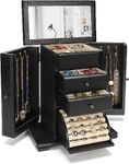 Jewelry Box for Women, Rustic Wooden Jewelry Boxes & Organizers with Mirror, 4 Layer Jewelry Organizer Box Display for Rings Earrings Necklaces Bracelets (Black)