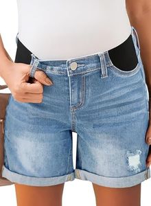 BLENCOT Women's Maternity Ripped Jean Shorts Fold Hem Denim Shorts Pregnancy Under Belly Pregnant Summer Shorts with Elastic Panel Myosotis Blue L