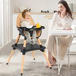 KOTEK 4 in 1 Baby High Chair, Eat & Grow Convertible High Chair w/Removable 4-Position Tray, 5-Point Seat Belt, PU Cushion for Infants, Wooden Baby Eating Chair (Coffee)