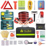 WETBAS Car Roadside Emergency Kit, Auto Vehicle Safety Emergency Road Side Assistance Kits Essentials with Jumper Cables, Starter Repair Kit, Safety Hammer, Reflective Warning Triangle