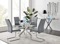 Furniturebox UK Dining Set - Novara Round Dining Table and Lorenzo Chairs Set Of 4 - Modern Dining Table Silver Chrome Legs, Table with 4 Dining Chairs (Glass Dining Table + 4 Grey Chairs)