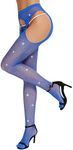 RSLOVE Fishnet Stockings Rhinestone High Waist Tights Pantyhose Women's Sexy Sparkle Stockings,Blue