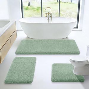 Microfiber Thick Bathroom Rugs Set 3 Piece, Flurry Non Slip Bath Rug, Soft Plush Absorbent Bathroom Mat, Machine Washable Luxury Toilet Rug Set, Bath Mat for Tab, Shower and Bathroom, Sage Green