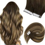 Sunny Hair Tape in Hair Extensions Real Human Hair Invisible Remy Hair Extensions Tape ins for Women Dark Brown Ombre Caramel Blonde Balayage 16 inch 20Pcs 50G