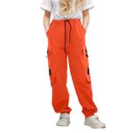 Parachute Pants for Girls Elastic Waist Casual Loose Cargo Trousers with Pockets Street Dance (A-Orange, 11-12 Years)