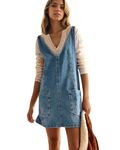 LifeShe Denim Overall Dress for Women Sleeveless High Roller Skirtall Short Jean Jumper Dress Mini Pinafore, Light Blue, Small