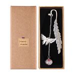 kuou Metal Feather Bookmark, Classical Handmade Bookmarks with 3D Butterfly and Dry Flower Pendant Gift for Women Reader Adults and Students (White)