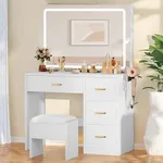 DWVO Makeup Vanity with Adjustable Lights, Integrated Power Outlets, Makeup Station with Comprehensive Storage and Comfortable Stool for Bedroom, Dressing Room