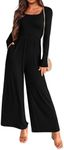 KIRUNDO Women's 2024 Fall Long Sleeve Wide Leg Jumpsuits Casual Dressy One Piece Square Neck Long Romper With Pockets(Black, X-Small)