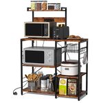 EasyCom 6-Shelves Bakers Rack with Power Outlet, 16.5" D x 35.4" W x 50.6" H Coffee Bar with 6 S-Hooks Kitchen Rack with Adjustable Feet, Microwave Cart for Kitchen, Living Room, Office