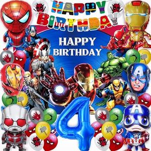 33 Piezas Globos de Cumpleaños,Decoracion Cumpleaños Hero,Globos Cumpleaños,Feliz cumpleaños decoracion Con tela de fondo y bandera,Niños y Niñas 4 años Decoración Fiesta Globos Accesorios