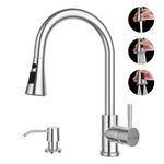 BLYLUND Kitchen Faucets with Soap Dispenser, Brushed Nickel Kitchen Faucet with Pull Down Sprayer 3 Modes, Stainless Steel Modern Kitchen Sink Faucets High Arch Single Handle Faucet, BL-CR6809