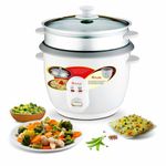 Rico Automatic Electric Rice Cooker 1.8 litres Single Pot with Vegetable Steamer | Quick Cook Japanese Technology | 650 Watt l One Touch Control and Transparent Glass lid |1 Year Warranty | White (Aluminum)