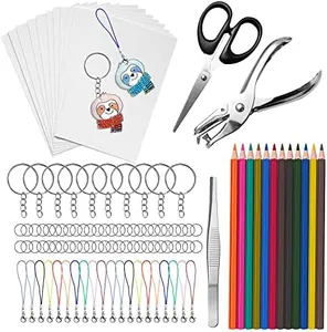 Hewolly 165 PCS Shrink Plastic Kit. Include 20 Shrinky Art Papers, 12 Colored Pencils, 130 Keychain Accessories, Hole Punch, Scissors, and Tweezers for Exciting School Projects and Crafts