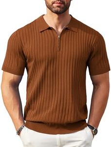 COOFANDY Men's Zipper Polo Shirts Short Sleeve Ribbed Knit Polo T Shirts Fashion Casual Golf Shirts, Brown, Medium