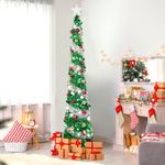 YHANEC 6ft Pop Up Christmas Tree, Slim Christmas Tree, Collapsible Artificial Pencil Christmas Tree with Star Ball and Stand, for Party Home Office Corner Decor(Greenish Silver)