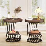 Tribesigns Round End Side Table: 2 Tiers Side Table Set of 2, Vintage End Table for Living Room, Small Bedside Table Accent Table with Arc-Shaped Frame, Rustic Brown