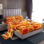 Pizza Sheets with Deep Pocket Fitted Sheet Queen, Prosciutto Pizza Bed Sheets Set Giant Funny Food Sheet Set Kids Toddler 3D Food Themed Bedding Set Bed Set 4Pcs