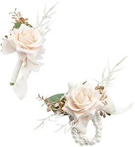 Ansofi Champagne Corsage and Boutonniere Set, Prom Artificial Flower Wrist Corsage Bracelets, Homecoming Corsage Wristlet, Boutonniere for Men Wedding Flowers Accessories Prom Suit Decorations