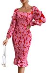 PRETTYGARDEN Women's Long Puff Sleeve Floral Midi Bodycon Dresses Square Neck Ruffle Mermaid Smocked Dress (Red Floral,Medium)