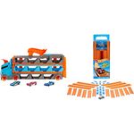 Hot Wheels Speedway Hauler Storage Carrier with 3 1:64 Scale Cars & Convertible 6-Foot Drag Race Track for Kids 4 to 8 years Old & BHT77 Straight Track Builder with Diecast and Mini Car Toy Pack