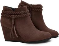 Fashare Womens Wedge Ankle Boots Braided Fringe Strap Western Heeled Winter Booties Dress Shoes, Chocolate Suede, Size 9