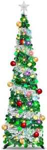 6 Ft Lighted Slim Christmas Tree with Timer Ball Ornament 100 Warm Lights Battery Powered Big 3D Star,Glitter Tinsel Pop Up Pencil Christmas Tree Decoration Indoor Outdoor(Green + Silver)