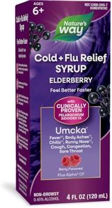 Nature's Way Cold + Flu Relief Syrup**, Umcka, Sore Throat, Cough, Congestion, Fever** , Body Aches**, Phenylephrine Free, Homeopathic, Non-Drowsy, Berry Flavored, 4 Fl Oz (Packaging May Vary)