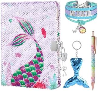 WERNNSAI Diario Secreto de Sirenas para Niñas - Kit de Diario de Lentejuelas para Niñas con A5 Cuaderno Pulsera Llavero Bolígrafo Diario con Candado Cumpleaños para Nina 6+ Años