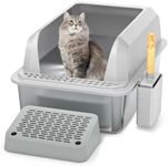 HiHloy Enclosed Stainless Steel Cat Litter Box with Lid, Extra Large Metal Litter Pan Tray with High Wall Sides, Large Scoop Holder, Sloping Pedal, Non-Sticky, Anti-Leakage, Easy Cleaning