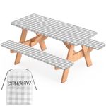 BOUBONI 3 Pcs Set Fitted Picnic Table Cover with Bench Covers and Bag Vinyl Camping Table Cloth Flannel Backing Picnic Table Cloth for 6ft Tables Camping Outdoor (Gray Checked, 30 x 72 Inches)