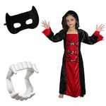 Kaku Fancy Dresses Polyester Scary Halloween Cosplay Red Black Witch Costume Gown With Teeth & Mask Set For Kids