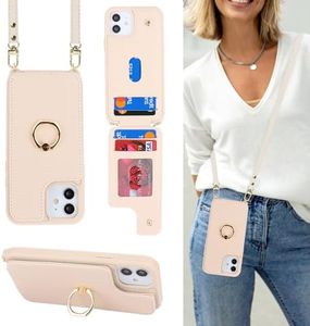 Lipvina for iPhone 11 Phone Case with Card Holder and Strap for Women,Crossbody Lanyard,Kickstand Ring Stand,Snap Clasp,Phone Wallet Cases 6.1 inch(Beige)