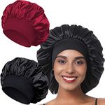 Hair Bonnet for Sleeping, Wide Elastic Band Satin Bonnet, Satin Soft Sleep Cap, Curly Hair Silk Hat for Hair Care (Red, Black)