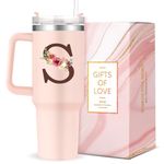 Personalized 40oz Tumbler with Handle,Customized Gifts for Women,Custom Mug Colorful Floral Letter S Insulated Cup,Monogrammed Gifts for Woman Lady Gift for Mothers Day Birthday Christmas