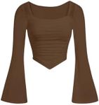 Floerns Girls Bell Long Sleeve Square Neck Asymmetrical Hem Mesh Ruched Crop Tops Tees Brown 14Y