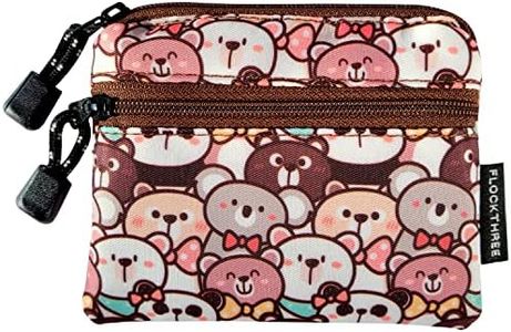 FLOCK THREE Small Coin Purse Pouch for Women with Zipper Mini Change Wallet Credit Card Holder Keychain Bag Cute Ladies Key Card Cases Money Organizers for Boys Girls, Fortune Bear, Small, Coin Purse With Zipper