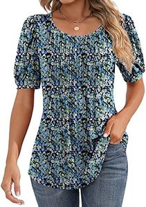 Ficerd Women's Puff Short Sleeve Tunic Tops Pleated Crew Neck Summer Blouses Dressy Casual Loose T Shirts, Blue Flower, Small