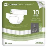 SUNKISS Masterpiece Adult Diapers with Tabs, Unisex Disposable Incontinence Briefs for Women and Men, Odor Control, White, Large, 10 Count