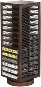 FARM IN Cassette Tape Storage, 360-Degree Rotatable Design Farmhouse Style Cassette Rack Tower, Double-Sided 28-Slot, Rustic Solid Burnt Wood & Diamond Metal Wire Mesh