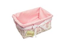 Woodluv Rectangular White Willow Wicker Hamper Storage Basket With Pink Dot Linning (Gift Hamper Basket) - Small