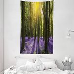 ABAKUHAUS Woodland Tapestry, Sunbeams in the Forest of Bluebells Blooms Deep in Woodland Oxfordshire, Fabric Wall Hanging Decor for Bedroom Living Room Dorm, 54 W X 90 L, Violet Green Yellow