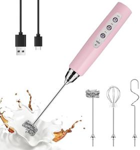 Milk Frother Handheld with 3 heads, USB Rechargeable 3 Speeds Mini Electric Whisk Milk Foam Maker Blender, Power Display Frother for Coffee, Latte, Egg Whisk… (Pink)