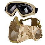 Airsoft Mask with Goggles, Foldable Airsoft Mesh Mask with Ear Protection for Paintball CS Game (DD)