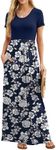 GRECERELLE Women's Short Sleeve Maxi Dresses Casual Long Dresses with Pockets, Navy Blue Floral, Large