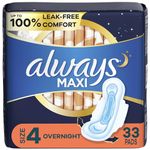 Always Maxi Pads Overnight W/Flexi-Wings Unscented, 33 Count