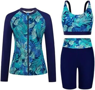 Arolina Plus Size Swimsuits for Women Over 50 Long Sleeve Bathing Suits Swim Shirt 3 Piece Rash Guard Blue Leaves 22W